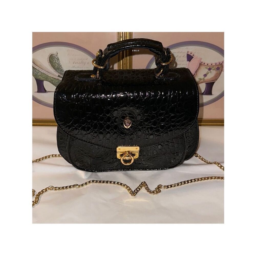 LA LAURENT Paris New York Vintage Black Croc Embossed Leather Small Satchel Bag